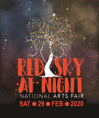 Black background with the words Red Sky At Night event poster with a tree in the background