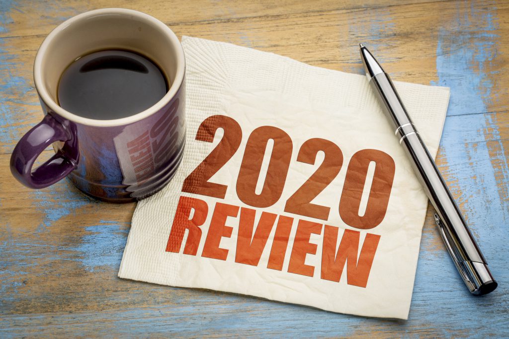 Findyello article on year in review images shows napkin with 2020 review written beside a cup of coffee