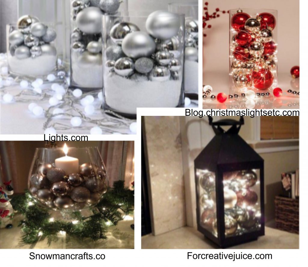 Findyello article giving tips choosing Christmas decorations with image showing glass vases filled with Christmas balls.