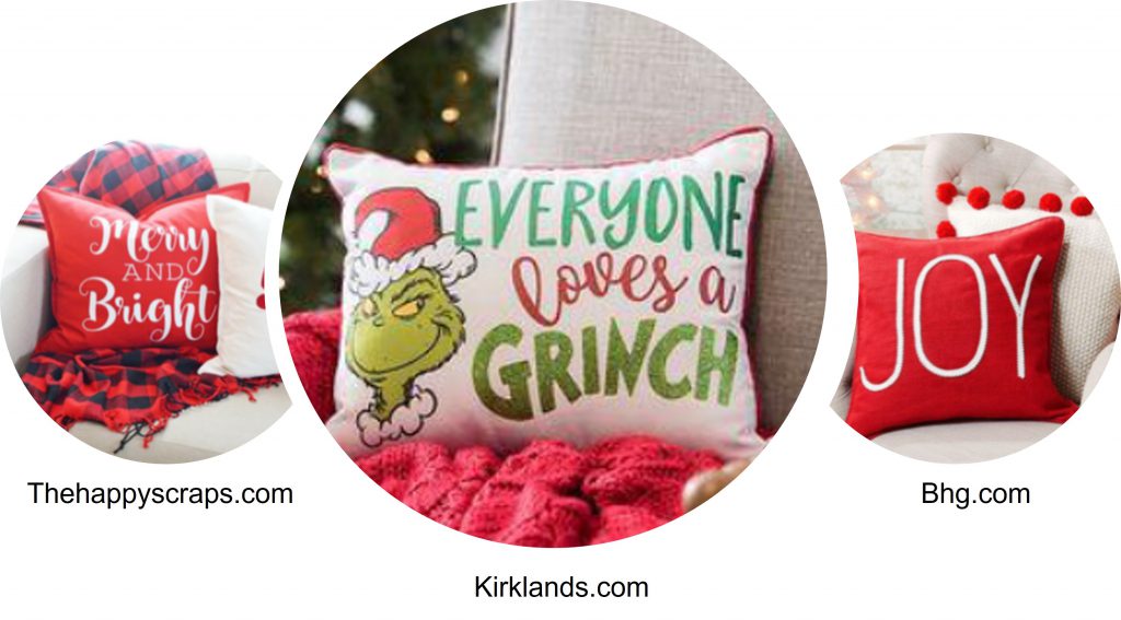 Findyello article giving tips choosing Christmas decorations with image showing holiday-themed throw pillows.