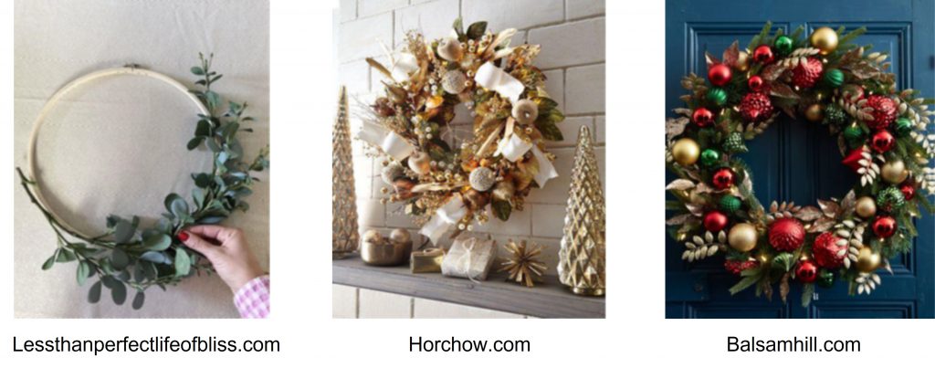 Findyello article giving tips choosing Christmas decorations with image showing decorated Christmas wreaths.
