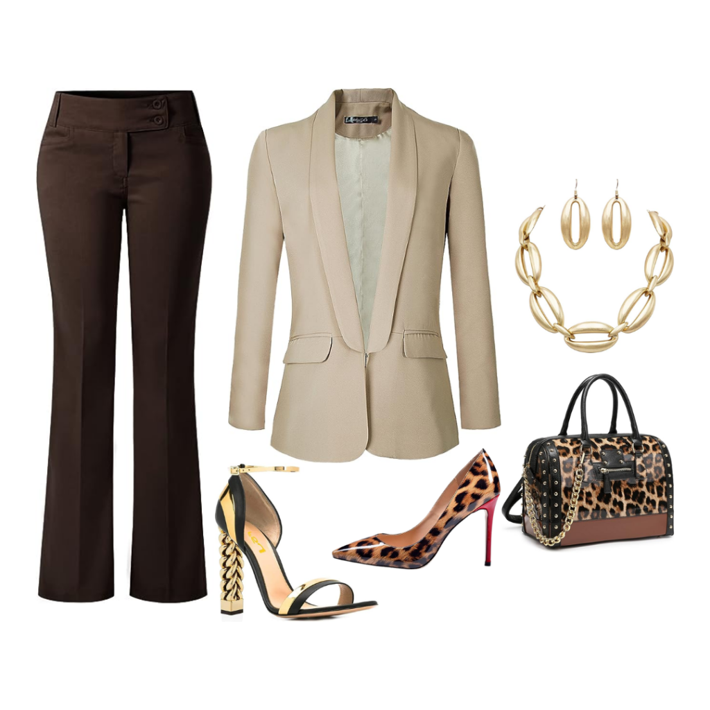 Findyello article on Caribbean women body shapes with image of brown trousers, cream jacket and animal print bag and shoes for apple-shape
